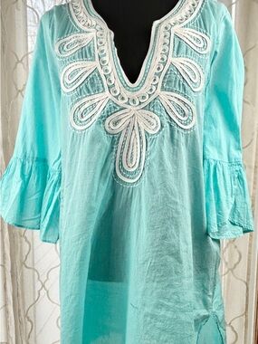 Lilly Pulitzer Aqua Embroidered V-Neck Cover-up with Bell Sleeves